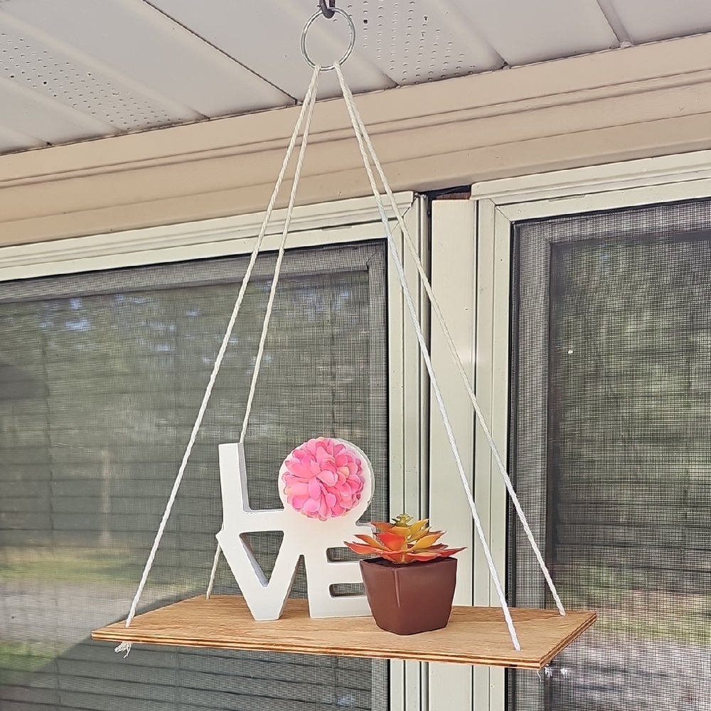 White and Brown Hanging Love Shelf With Plastic Planter